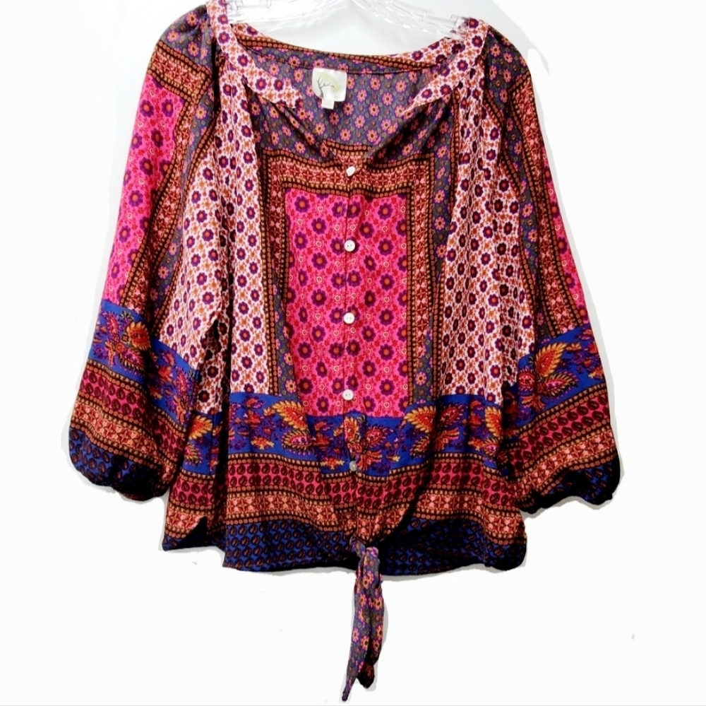 Fig & Flower Kat Green Floral Pink Bohemian Front Knot Tie Top Size XL